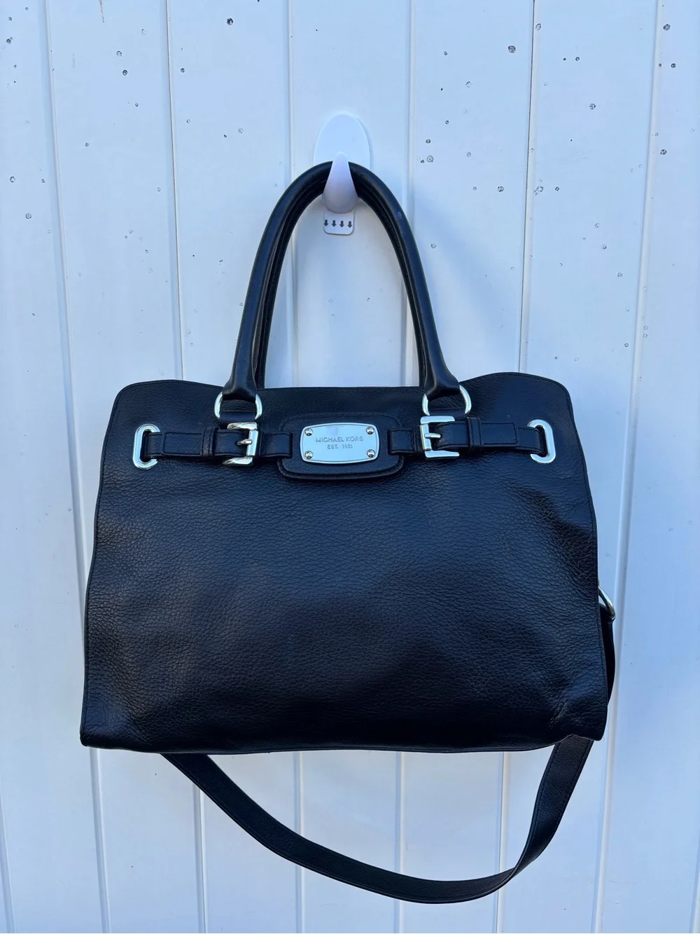 Michael Kors Large Hamilton  Satchel Tote Bag Purse  Black Pebbled Leather